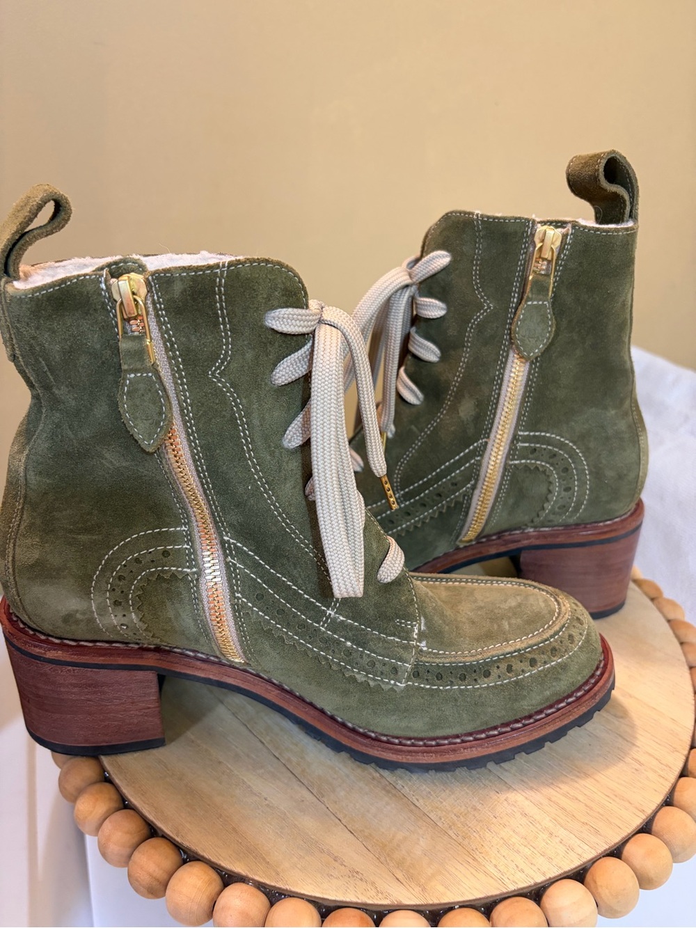 Caper Green Suede Lace-Up Ankle Boots with Gold Side Zip
